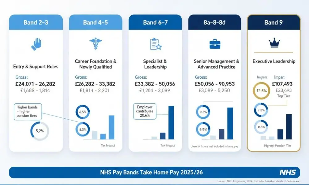 NHS Take Home Pay Calculator pay bands breakdown showing what each AfC band actually takes home in 2026/27